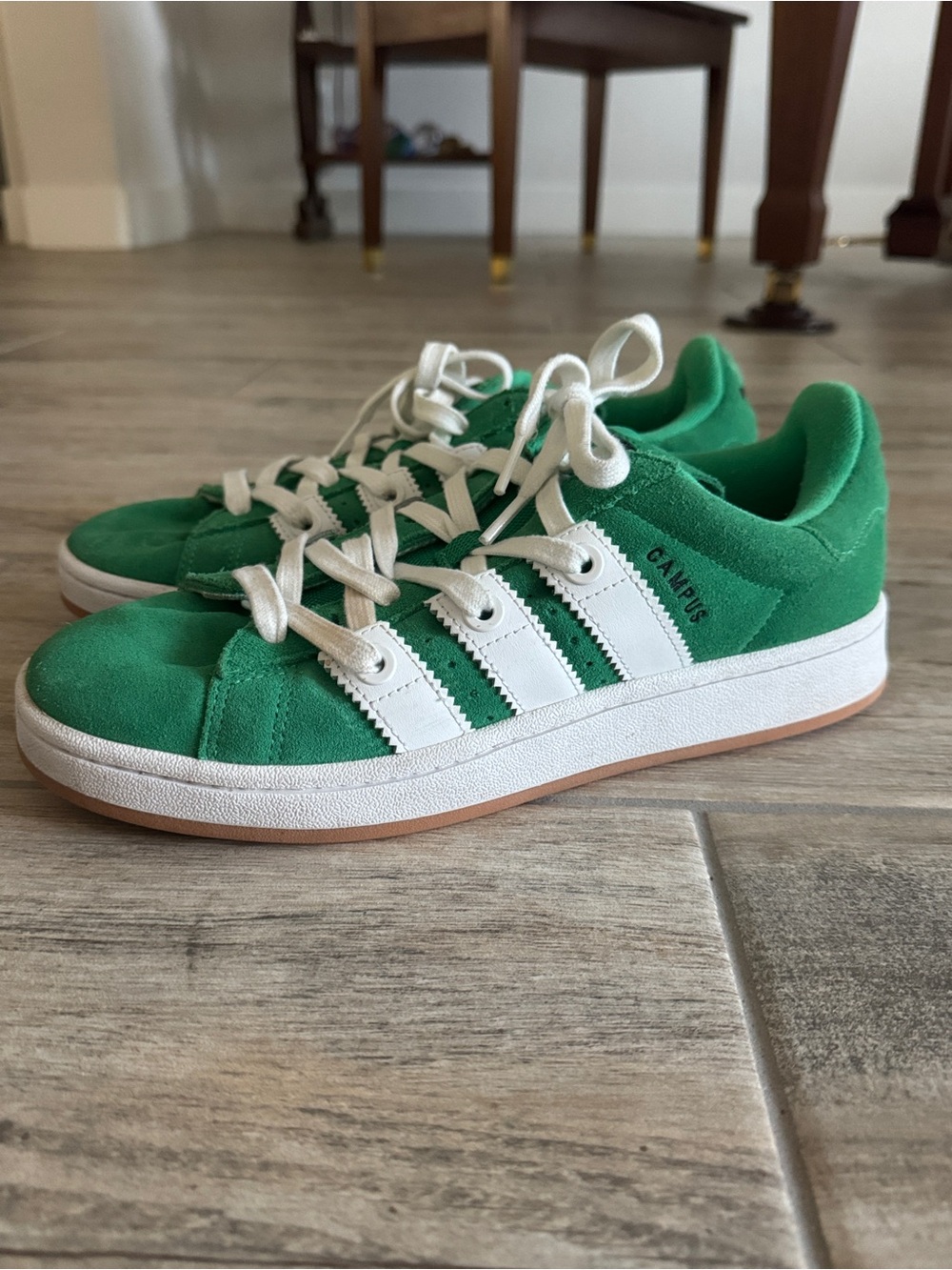Adidas Campus Womens Green Suede Sneakers with White Stripes